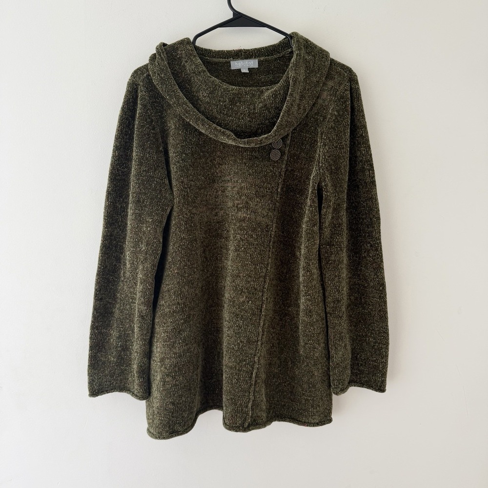 Habitat Womens Sweater L‎ Cowl Neck Green Chenille Earthy Lagenlook Oversized